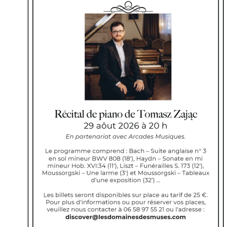 Soirées de musique de chambre et dégustation de vins à l'Hôtel de Cours de Thomazeau. Récital de piano de Tomasz Zajac le 29 août 2026 à 20 h.