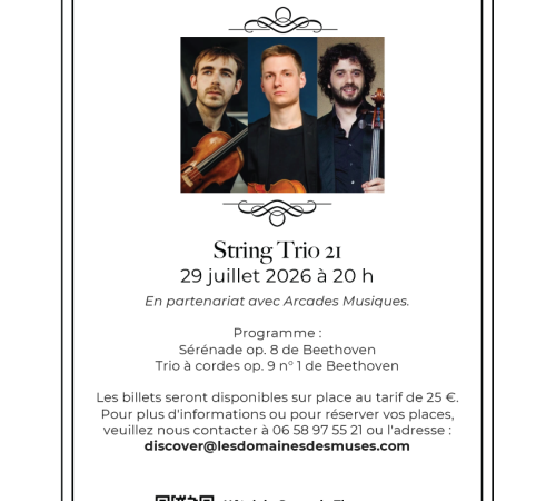 Soirées de musique de chambre et dégustation de vins à l'Hôtel de Cours de Thomazeau. String Trio 21– 29 juillet 2026 à 20 h.