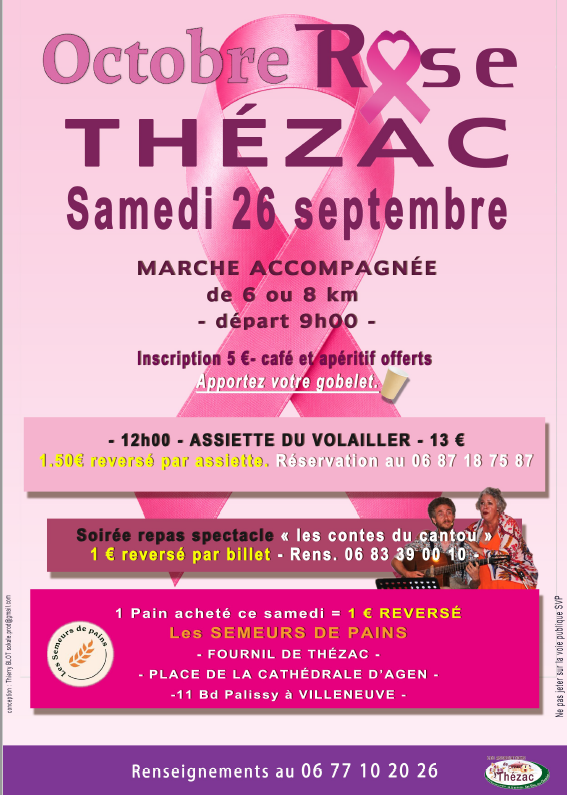 Octobre rose randonnées, repas, spectacle à Thézac